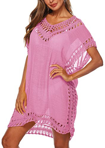Baynetin Robe de Plage Femme Ete- Bikini Cover Up - Poncho de Plage Maillot De Bain Chemisier Pareo Femme Plage Bikini Dentelle au Crochet Cache-Maillots (Rose)