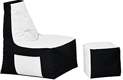 MB MILLINDABAG – Optimal Sitzsack mit Lehne & Hocker - für Kinder und Erwachsene – Sessel – Kissen – Indoor & Outdoor – Gaminggeignet & bereits gefüllt - Sitzkissen Bodenkissen (Schwarz - Weiß)