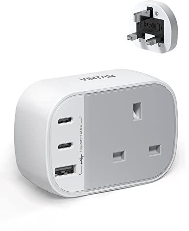 Plug Adapter with 2 USB C 1 USB A Ports, VINTAR USB Charger Plug UK, 1 Way Plug Extension Wall Charger Adapter, UK 3 Pin Power Socket for Home, Office, Bedroom, 13A 3250W, 1 Pack