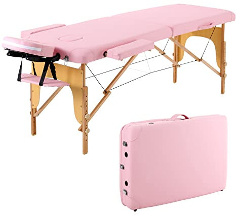 Panana 2 Sections Portable Massage Bed Wooden Legs Adjustable Height Folding Tattoo Table (Pink)