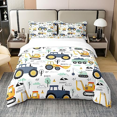 100% Baumwolle Kinder Bau Bettwäsche Sets für Jungen,Cartoon Auto Bagger Traktor Tröster Abdeckung 155x220,Nette Ausrüstung Lkw Bettbezug für Kleinkind Teen Zimmer Dekor Gelb Blau Fahrzeug Quilt Cover