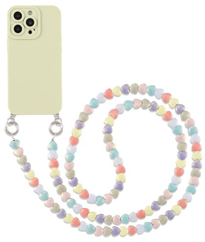 Pnakqil Coque avec Cordon pour iPhone 12 6.1 de Cœur Perles Corde Collier, Étui Silicone TPU Antichoc Bumper Housse avec Bijoux Cordage Crossbody Chaîne Lanyard Case, Blanc