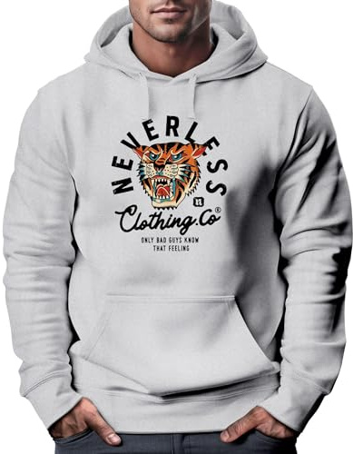 Neverless® Hoodie Herren Tiger Print Motiv Schrift Retro Vintage Clothing Fashion Streetstyle grau M