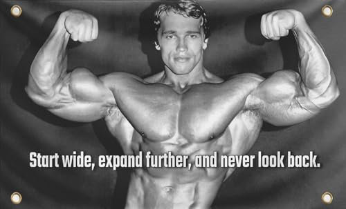 Schwarzenegger Polyester-Flagge, 90 x 150 cm, Beginnen Sie weit, erweitern Sie sich weiter und schauen Sie nie zurück, inspirierende Dekoration für Büro, Fitnessstudio, Wand, einseitige Dekoration