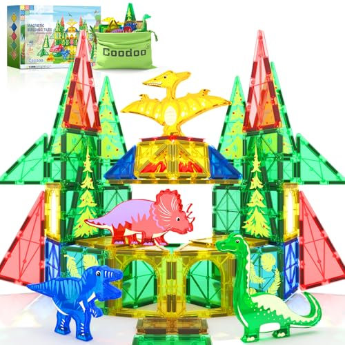 Dinosaur Toys Magnetic Tiles - Magnet Building Blocks for Toddler Kids Toys STEM Sensory Outdoor Toys for 3+ Year Old Boys and Girls, Dinosaur World Creative Games Kids Toys