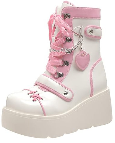 tinbarry Stivaletti Donna Stivali con Plateau Punk Gotico Stivali Stringati in Pelle PU Stivaletti Corti con Tacco Largo con Zeppa Cinturini con Fibbia Catene con Zip Scarpe Invernali