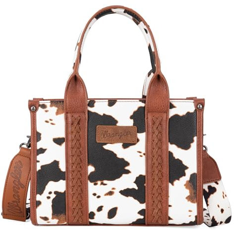 Wrangler Tragetasche mit Kuh-Aufdruck für Damen, Western-Geldbörse, Boho-Stil, Griff oben, Handtasche mit charakteristischem Riemen, Komplett mit Kuhmuster, Braun, Einheitsgröße