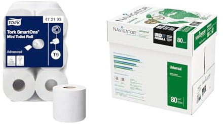 Tork SmartOne Mini Toilet Roll White T9, Advanced, 2-Ply, 12 x 620 Sheets, 472193 & Navigator Universal A4 80gsm Paper - Box of 5 Reams (5x500 Sheets)