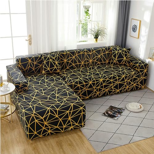 Bishilin Überzug Sofa 3 Sitzer mit Armlehne, Couchbezug Eckcouch 190-230CM Bedruckt mit Gestreift Muster Sofabezug Elastisch rutschfest Schwarz Gelb