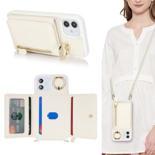 SunYoo for iPhone 12 Mini Case with Card Holder,for iPhone 12 Mini Wallet Case for Women with Strap Crossbody Lanyard Stand Ring,PU Leather Zipper Pocket Phone Cover-White