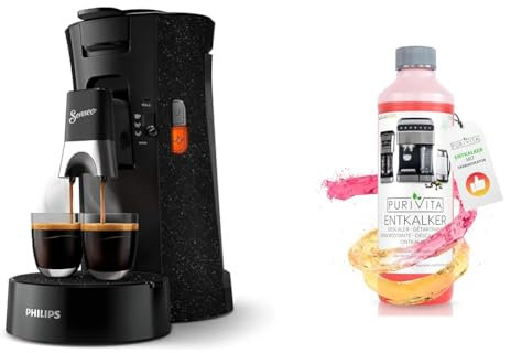 Philips Senseo Select CSA240/20 Kaffeepadmaschine & PURIVITA Universal Entkalker Kaffeevollautomat (750ml) Entkalker Kaffeemaschine für ALLE gängigen Marken - 1 Flasche