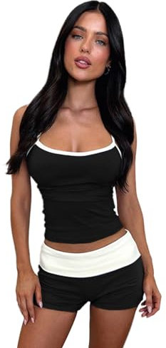 Bcenoilua Damen Trainingsanzug Sexy Zweiteiler Sommer 2 Teiler Set Tank Top Shorts Y2k Trainingsanzug Hohe Taille Workout Fitness Kleidung Yoga Outfit Freizeitanzug Sportswear HL