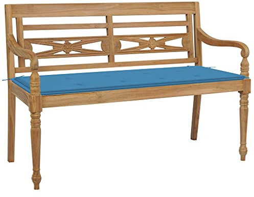 ShGaxin Batavia-Gartenbank mit Blauem Kissen, Gartenbänke, Sitzbank Outdoor, Parkbank, Garten Bank Für Draussen, Outdoor Deko Wetterfest, 120 cm Teak Massivholz