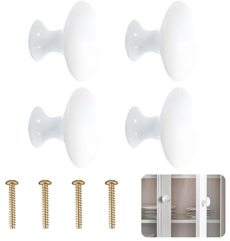 4 Pack Door Knobs 30mm Round Drawer Knobs Cabinet Knobs Flat Furniture Knobs Kitchen Cupboard Knobs with Mounting Screws for Wardrobe Closet Small Door (White)