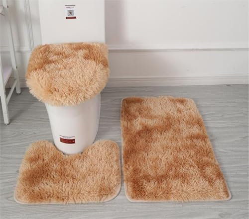Soft Microfiber Bathroom Rugs Sets 3 Piece,Non-Slip Bath Mat Fluffy Plush Toilet Seat Cover for Bathroom,Water Absorbent Bathmat,Machine Washable (Khaki)