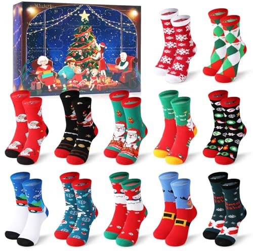 Shujin Weihnachten Socken Adventskalender für 2024 Frauen,Weihnachtskalender mit 12 Überraschungen Christmas Socks Countdown Weihnachtssocken Lustige Festlicher Geschenk (12 Paar)