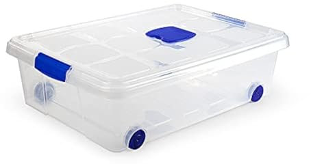 DRW Aufbewahrungsbox unter dem Bett aus PVC, transparent, mit Deckel und Rollen und Mottenschutz, 31 Liter, 45 x 62 x 18 cm
