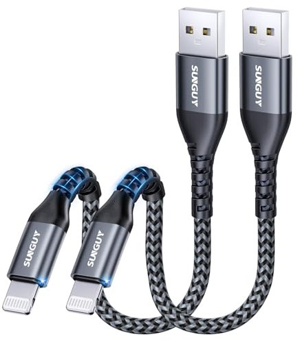 SUNGUY Cable iPhone Court 15cm, 2 pièces Cable USB vers Lightning Certifié MFi Nylon Cable Lightning Compatible avec iPhone 14/13/12/11 Pro Max Mini Xs 8 7 6 5 Plus, iPad Air/Mini