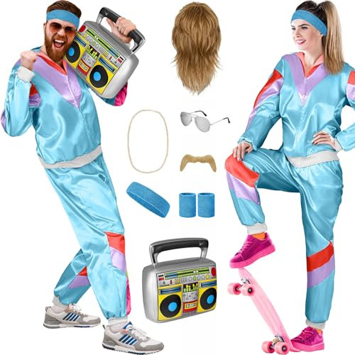 Balinco 80er Jahre Outfit Damen/Herren, Trainingsanzug Karneval Kostüm Set, Vokuhila Perücke, Bart, Kette, Pilotenbrille, Schweißbänder, Ghettoblaster (Hellblau I Lila I Rot, XXL)
