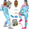 Balinco 80er Jahre Outfit Damen/Herren, Trainingsanzug Karneval Kostüm Set, Vokuhila Perücke, Bart, Kette, Pilotenbrille, Schweißbänder, Ghettoblaster (Hellblau I Lila I Rot, XXL)