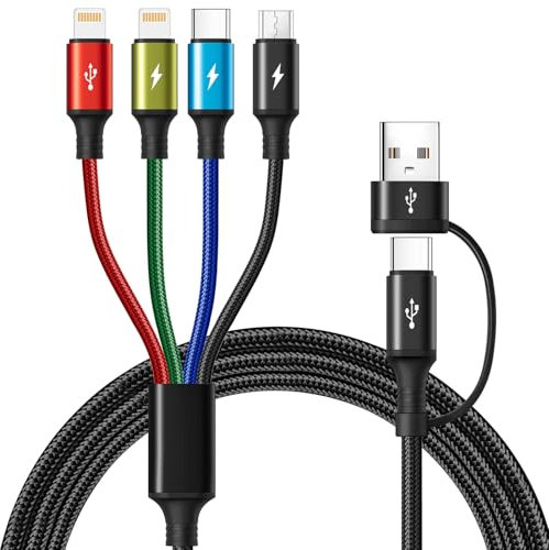 Minlu Câble de Charge 4 en 2, Cable Multi Embout avec Transfert de Données [1,8M] Câble Multi USB Universel en Nylon, Câble de Charge Rapide USB avec Micro/Type C/IP pour iPhone,Android,Tablette