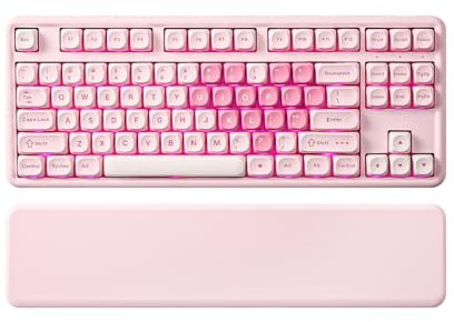 YUNZII B87 Clavier Mécanique sans Fil, QMK/Via Custom Clavier De Jeu TKL Disposition 87 Touches, BT/2.4G/USB-C Hot Swappable Clavier, Clavier RGB avec Wrist Rest pour Win/Mac (Pink, Cocoa Cream v2)