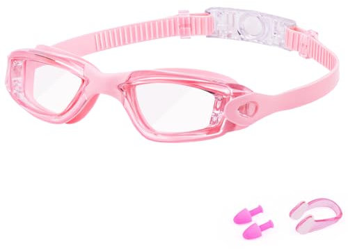 DiULi Lunettes de Natation Adultes à verres transparents,Antibuée Protection contre les UV,Lunettes de Piscine avec Verres Larges,avec Pince Nez Natation et Bouchons Oreille en Silicone, Mixte,Rose