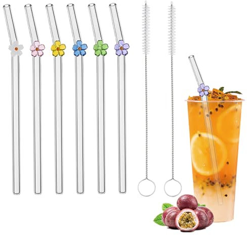 6 PCS Glass Straws Drinking, Reusable Bent Glass Straw with 2 Pcs Cleaning Brush, Clear Glass Straws with Flower for Smoothies, Cocktails, Coffee & Juice