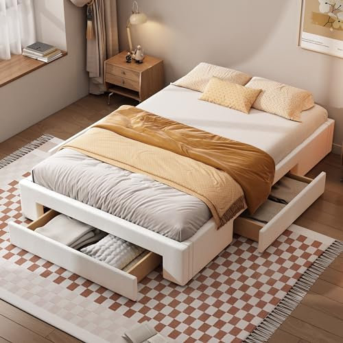 Jovify Polsterbett 140x200 cm, Doppelbett mit Stauraum und Lattenrost, Ohne Kopfteil Bettrahmen mit 3 Schubladen, Stauraumbetten Bettgestell Jugendbett, Leinen, Ohne Matratze, Beige