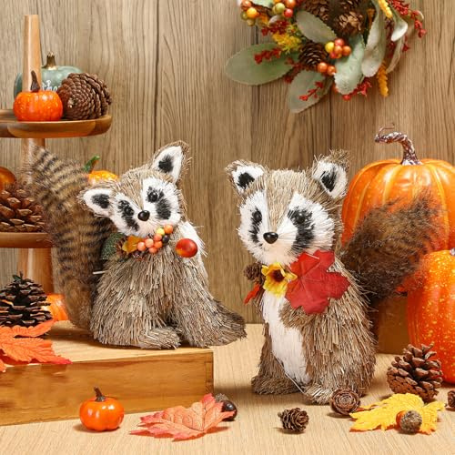 Namalu 2 Pack Raccoon Sisal Christmas Tabletop Decoration Sisal Figurine Christmas Table Centerpiece Decor Cute Handmade Woodland Animal Statue for Harvest Home Office Indoor Shelf Decor