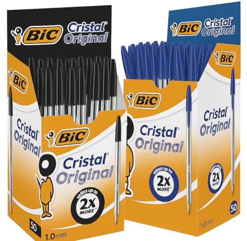 BIC Kugelschreiber Cristal Original Bundle – 100 Stück (50x Schwarz + 50x Blau) – 0,4mm Strichstärke – Ideal für Büro, Schule & Home Office