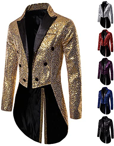 WOXIHUAN Neu Pailletten Gothic Frack Herren, 2025 Glitzer Steampunk Mantel Herren Langarm Umlegekragen Mäntel Viktorianisches Palast Smoking Uniform Slim Fit Sakko Blazer Anzug Jacke Halloween Kostüm