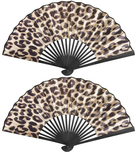 Leikedun 2 Pack Leopard Print Fan, Silk Fabric Hand Fans, Folding Hand Fan | Handheld Fan Folding for Wedding, Preference, Performance, Dancing,Home Decoration