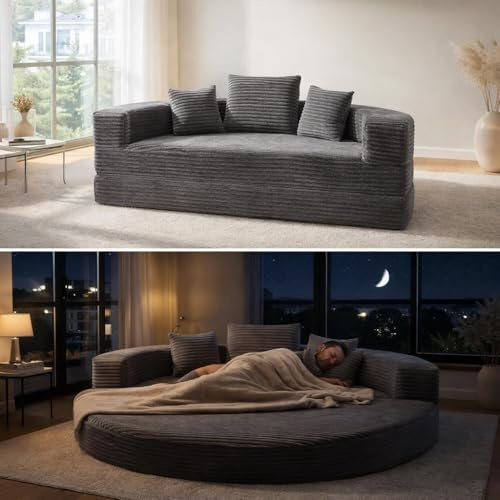 NordicLume 2-in-1 Schlafsofa Rundliege 180×180 cm, Faltbares Cordstoff Sofa Bett mit Kissen, Halbkreis Sofa zu Rundbett Ausziehbar, Boden Schlafsofa für Wohnzimmer, Balkon & Lounge (Grau)