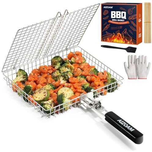 AIZOAM Grill Basket - Grill Baskets for Outdoor Grill, Stainless Steel Large Grilling Basket w Removable Handle, Portable Fish Grilling Rack for Grill Ideal Meat Fish Vegetables Grilling Accessories