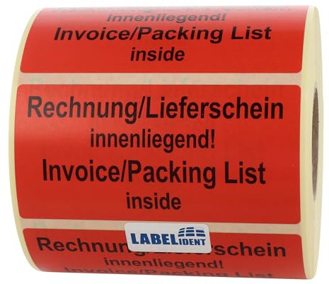 Labelident Warnetiketten 100 x 50 mm - Paket Aufkleber Rechnung/Lieferschein innenliegend Invoice/Packing List inside - 1.000 Versandaufkleber auf 1 Rollen, Versandetiketten selbstklebend