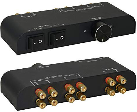 XtremPro 2 Way Speaker Switch, 1 In 2 Out Way Pair Stereo Speaker Selector W/Volume Control Metal Non-Slip Box - Black (61052), 9.0 x 3.25 x 1.5