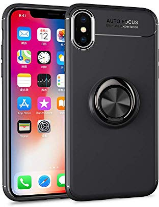 PIXFAB Case For Apple iPhone XS Max - Black Shock Proof Phone Cover Magnetic Ring Kickstand (360° Rotation) + Screen Protector