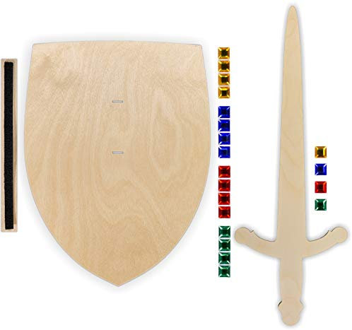 Ritterschild und Ritterschwert als Set aus unbehandeltem 3mm Birkensperrholz, mit 20 großen Glitzersteinen, inkl. Halteschlaufe aus hochwertigem doppelseitigem Klettband, FSC-zertifiziert