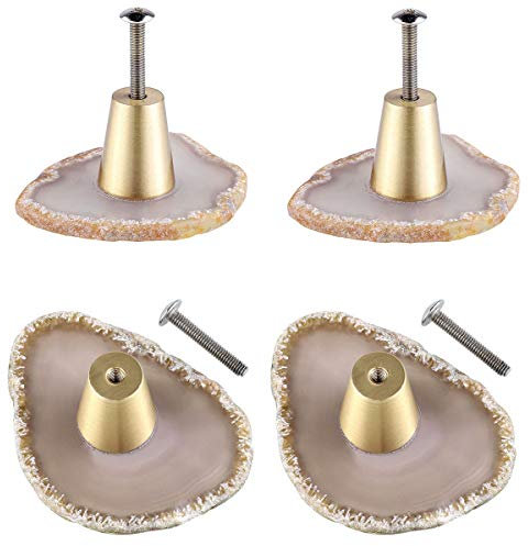 mookaitedecor Set of 4 Natural Agate Drawer Knobs with Screws, Irregular Grey Knobs Natural Crystal Knobs for Cabinet Kitchen Wardrobe Door Decorative Crystal Stone Cupboard Handles Furniture Decor