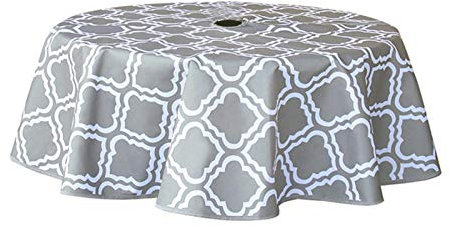 Abwaschbar Tischdecke Rund mit Sonnenschirm Loch, Wasserdicht Oxford Stoff Tischtuch, Tischwäsche Pflegeleicht Tischdekoration für Garten, Outdoor,Wachstuch Wachstischdecke,152cm