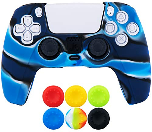 9CDeer 1 x Stück Schutzfolie Silikon Hülle + 6 Thumb Grips für PlayStation 5 / PS5 Controller Tarnung blau