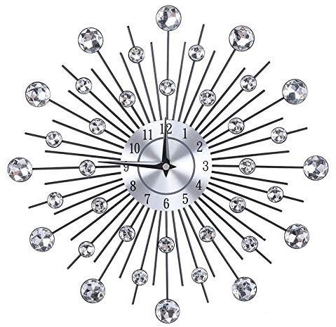 Raguso Wanduhr Crystal Decorative Wanduhr Sparkling Bling Metallic Silber Blumenförmige Wanduhr für Wohnzimmer Büro(Runde Blume)