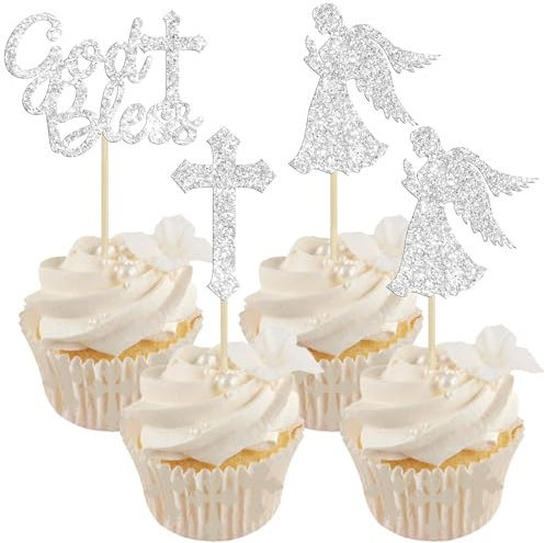 Gyufise 24 piezas de plata brillo Dios bendiga y bautismo Cupcake Toppers Cross Angel Cupcake Picks Christian Party Decoración suministros