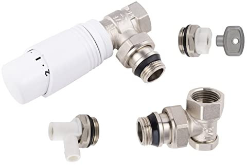 Kit raccordement radiateur 15x21 (1/2) robinet equerre + coude de réglage + robinet de vidange eau + bouchon purgeur air + tête thermostatique filetage standard M30x150 blanche NOYON & THIEBAULT