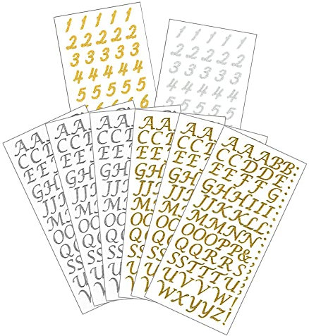 Gold Silver Letter Stickers, Glitter Alphabet Number Graduation Self Adhesive Script Alphanumeric Punctuation Scrapbook Craft Stickers - 8 Sheets
