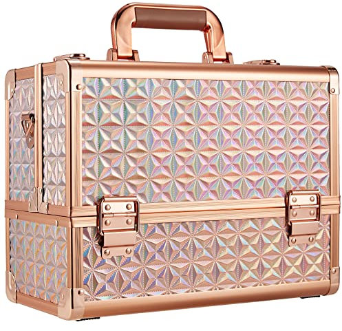 Kosmetikkoffer Groß Make up Koffer Schminkkoffer Leer Beauty Case Alu Nagelkoffer mit Tragegurt Abschließbarer Friseurkoffer Make up Organizer Koffer, Rosegold