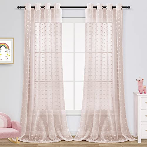 Joywell Gardinen Wohnzimmer Vorhänge Kinderzimmer Schlafzimmer Pompons in Leinen Optik Leinenstruktur Fertigstores Transparent Vorhang für große Fenster Doris Rosa 245x140 cm 2er Set