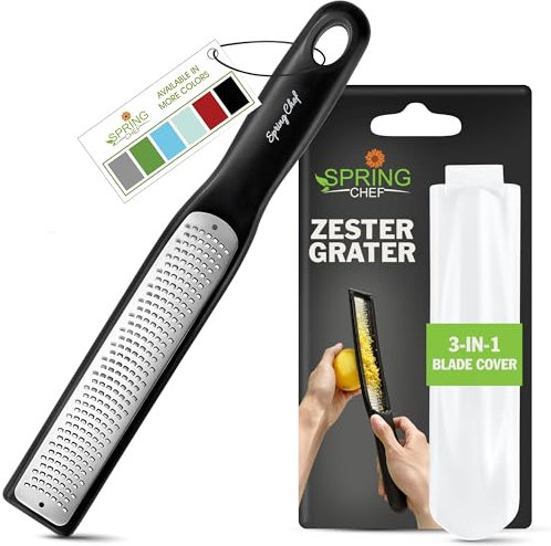 Spring Chef Premium Lemon Zester Grater with Handle - Fruits, Garlic, Chocolate, Nutmeg, Ginger Grater - Heavy Duty Kitchen Tool - Stainless Steel Citrus Zester with Blade Cover - Fine Shred, Black