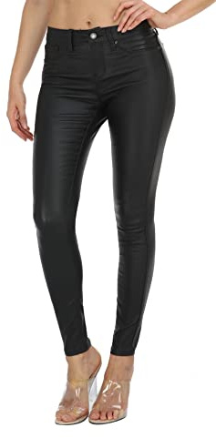 WAYRUNZ Junior Stretchy Jegging Faux Leather Pants Mid-Rise Skinny Jeans for Women (053-leather black-16)
